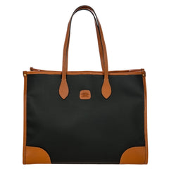 Black tote bag with brown handles and accents on a white background