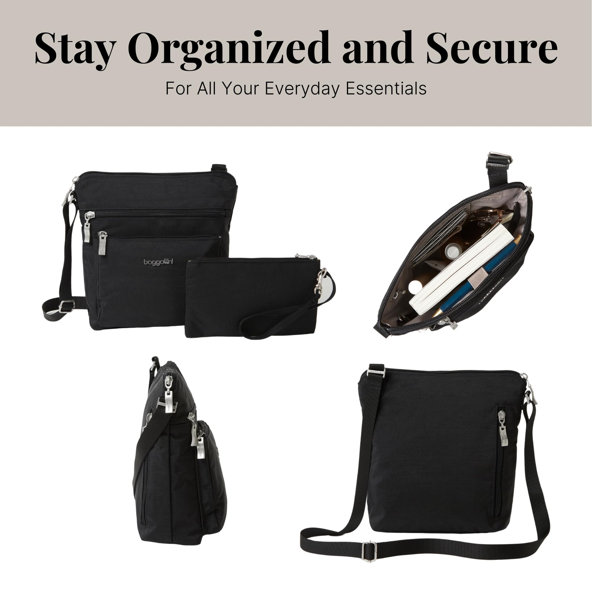 Baggallini Crossbody Bag w/ RFID Wristlet Cross Body Women's Handbags Black with Sand Lining, Nylon Baggallini Crossbody Bag w/ RFID Wristlet Cross Body Women's Handbags Black with Sand Lining, Nylon